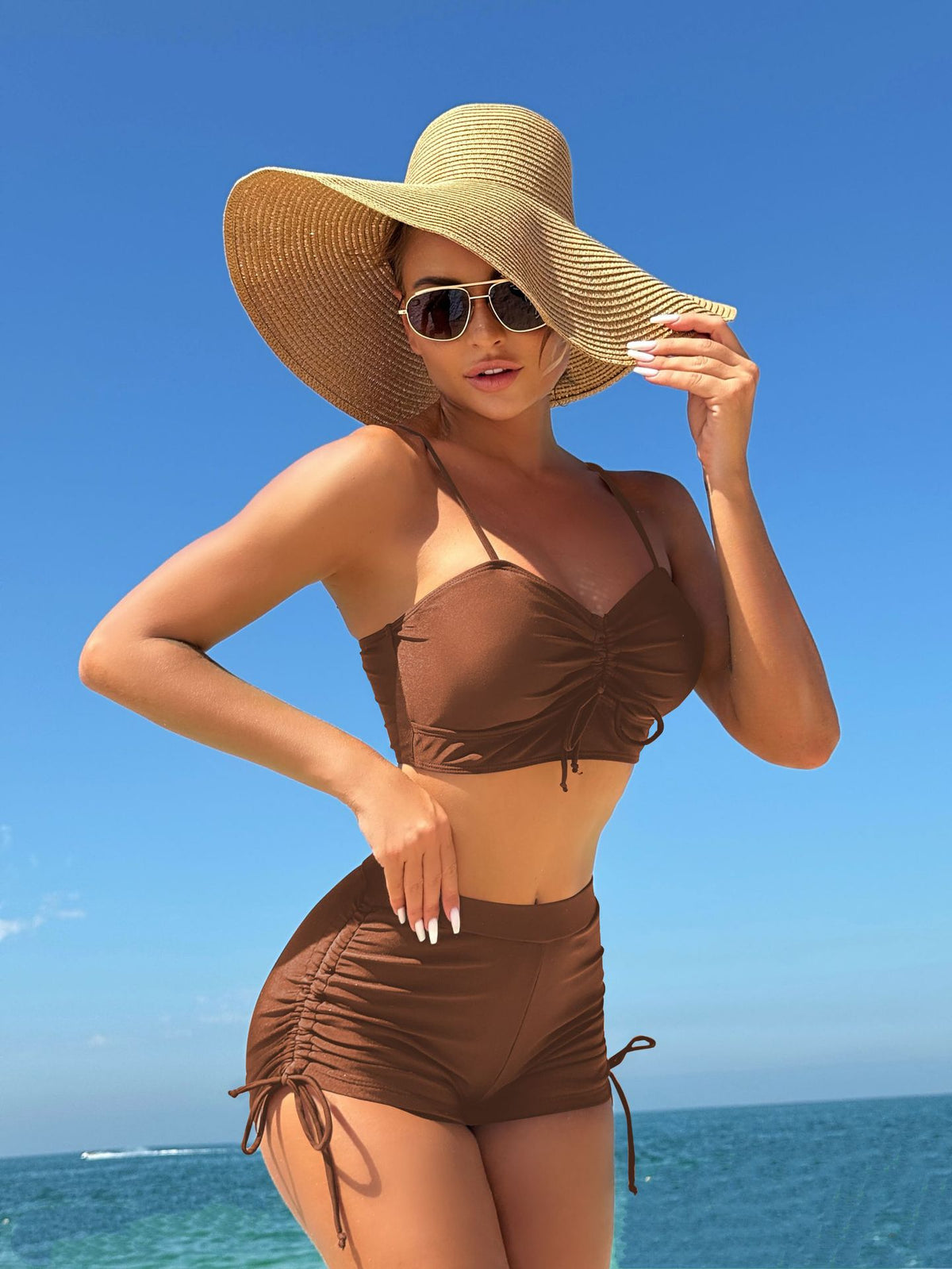 2025 European and American New Pure Color Split Conservative Boxer Briefs Chest Mid-Pants Side Drawstring Swimsuit Swimsuit Cross-Border Temu
