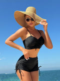 2025 European and American New Pure Color Split Conservative Boxer Briefs Chest Mid-Pants Side Drawstring Swimsuit Swimsuit Cross-Border Temu