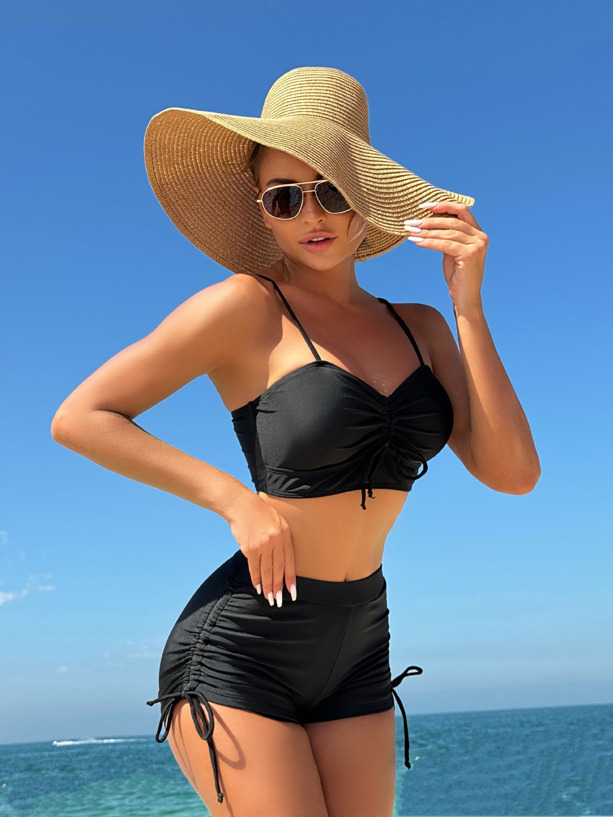 2025 European and American New Pure Color Split Conservative Boxer Briefs Chest Mid-Pants Side Drawstring Swimsuit Swimsuit Cross-Border Temu