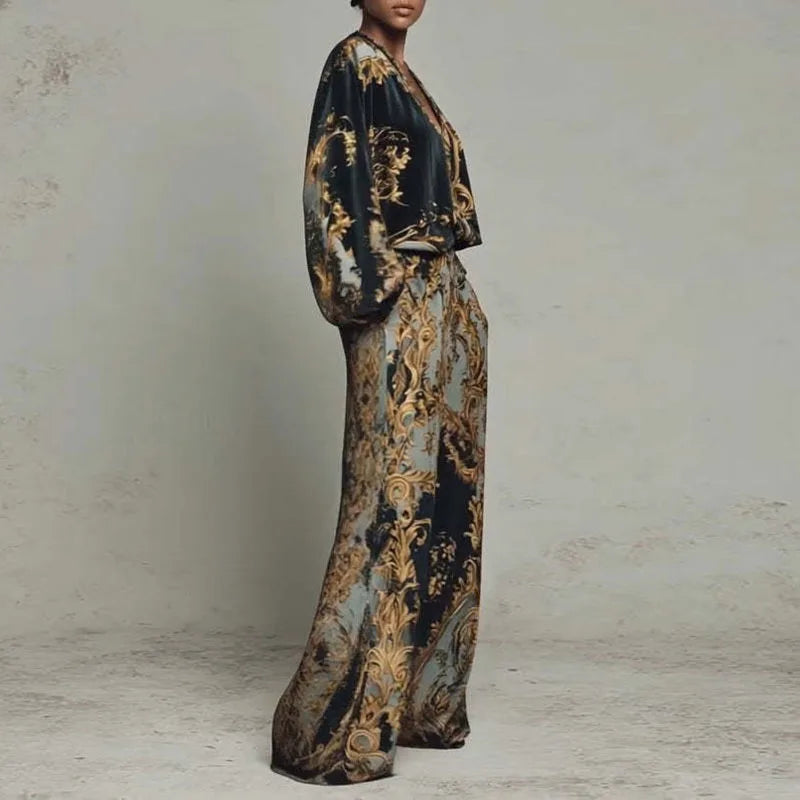 Retro Pattern Printed 2 Pieces Set for Woman Sexy Deep V Neck Top Blouses Elegant Outfit 2026 Spring Fall Wide Leg Trousers Suit