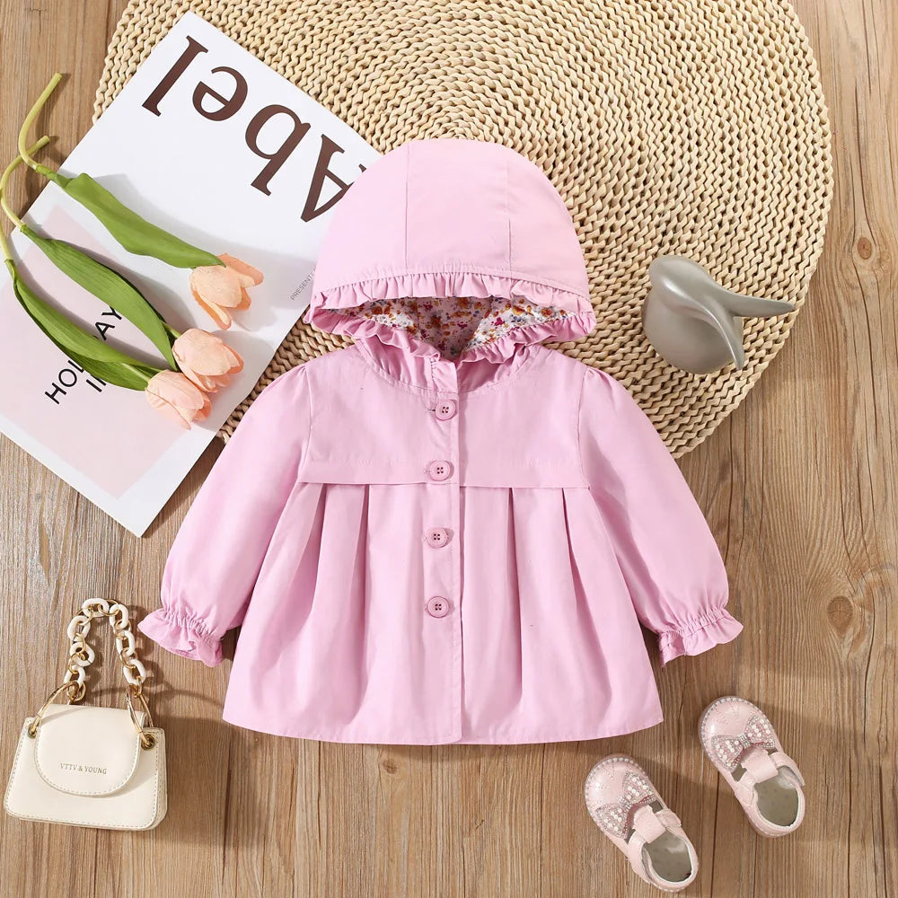 Baby Girl Jacket Spring And Autumn Cotton Solid Color Hooded Floral Long Sleeved Baby Tops Simple And Cute Baby Girl Clothing