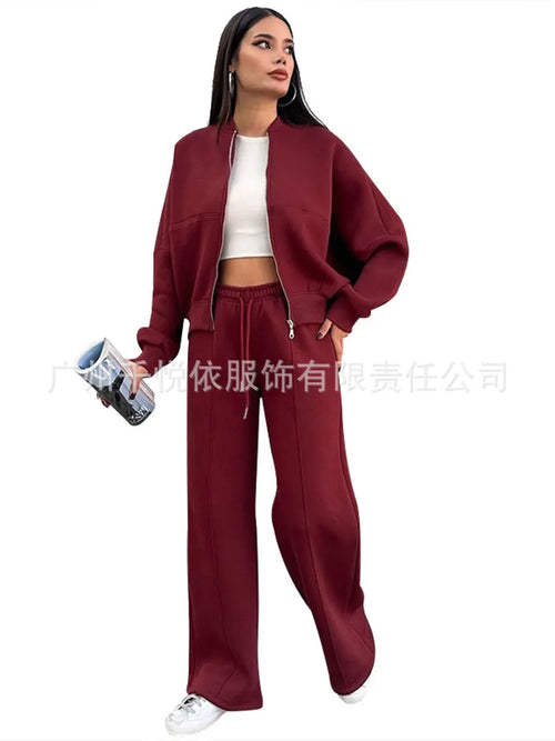 2025 Autumn And Winter Long Sleeves Solid Color Zipper Jacket Wide-leg Trousers Loose Office Commuting Women's Fall Outfit Set
