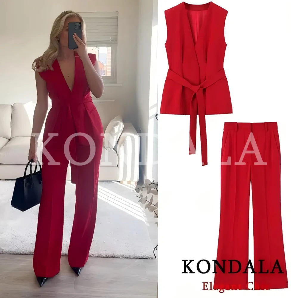 KONDALA Women Trendy Red Vest Set V-Neck Belted Vest Flare Pants New 2026 Spring Fall Elegant High Street Fashion Female Set
