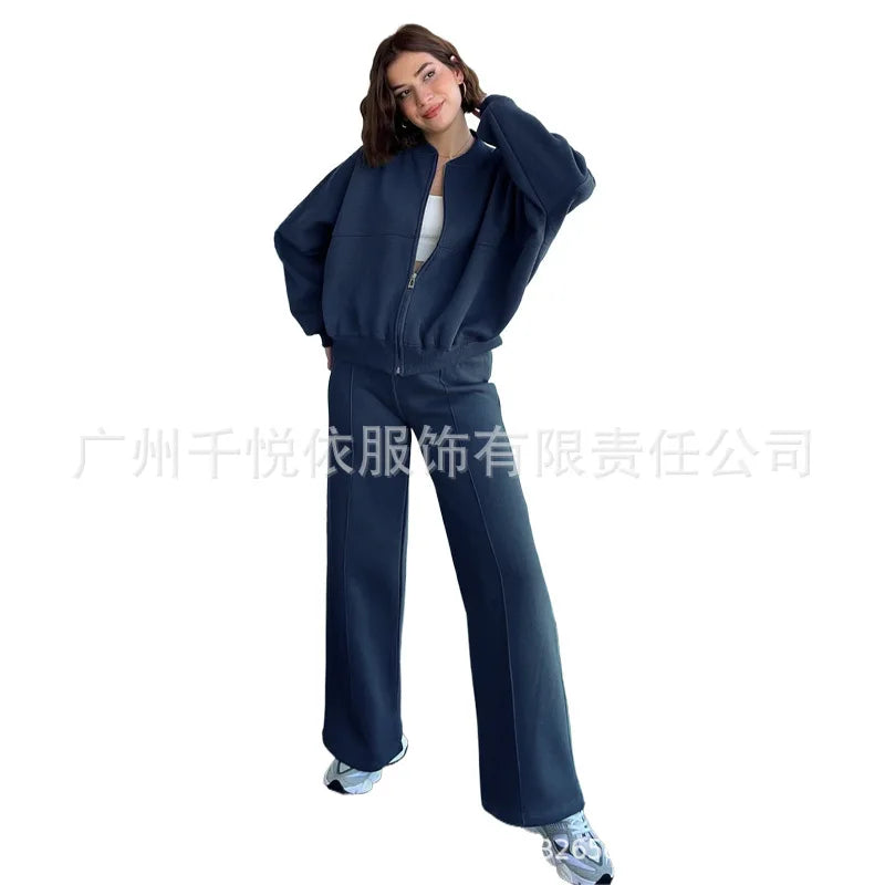 2025 Autumn And Winter Long Sleeves Solid Color Zipper Jacket Wide-leg Trousers Loose Office Commuting Women's Fall Outfit Set
