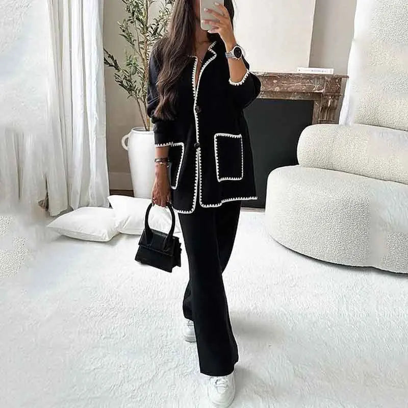 Casual Loose Pocket Coats Pants Two Piece Sets Women Fashion Contrasting Colors Tops Outfits Fall Winter Wide Leg Pants Suit