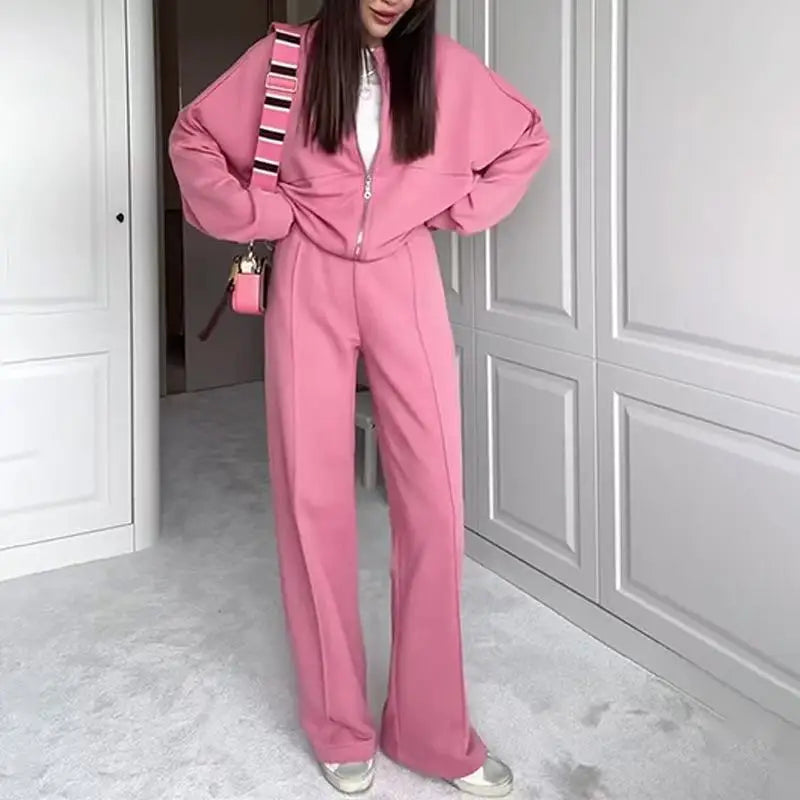 2025 Autumn And Winter Long Sleeves Solid Color Zipper Jacket Wide-leg Trousers Loose Office Commuting Women's Fall Outfit Set