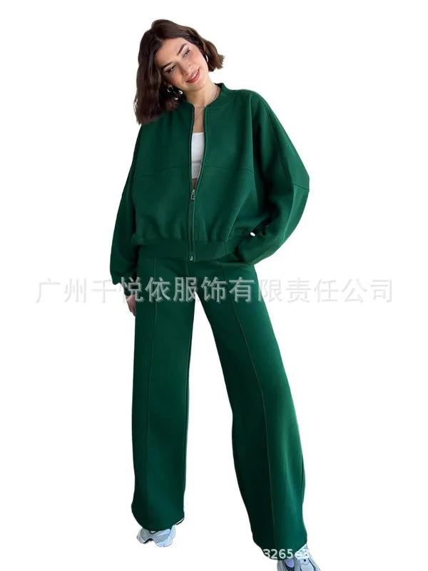 2025 Autumn And Winter Long Sleeves Solid Color Zipper Jacket Wide-leg Trousers Loose Office Commuting Women's Fall Outfit Set
