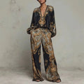 Retro Pattern Printed 2 Pieces Set for Woman Sexy Deep V Neck Top Blouses Elegant Outfit 2026 Spring Fall Wide Leg Trousers Suit