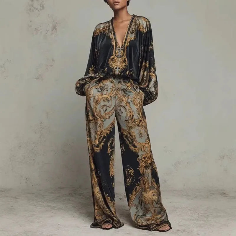 Retro Pattern Printed 2 Pieces Set for Woman Sexy Deep V Neck Top Blouses Elegant Outfit 2026 Spring Fall Wide Leg Trousers Suit