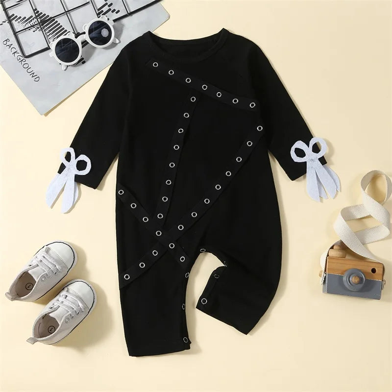 Baby Girls Boys Rompers Crew Neck Metal Hole Patchwork Scissor Decor Long Sleeve Toddler Clothes Fall Bodysuits
