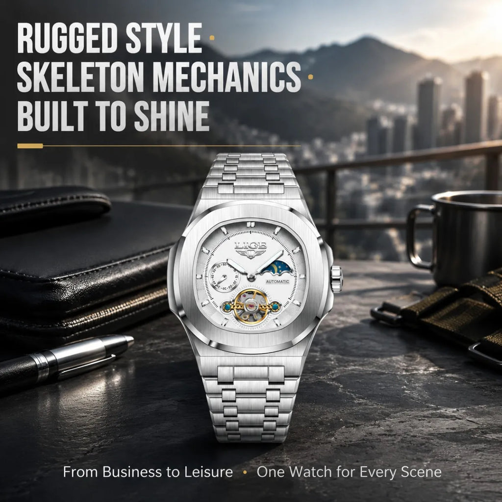 LIGE Top Brand Luxury Men Mechanical Watches Square Automatic Watch For Men Waterproof Stainless Steel Clock Gift Montre Homme