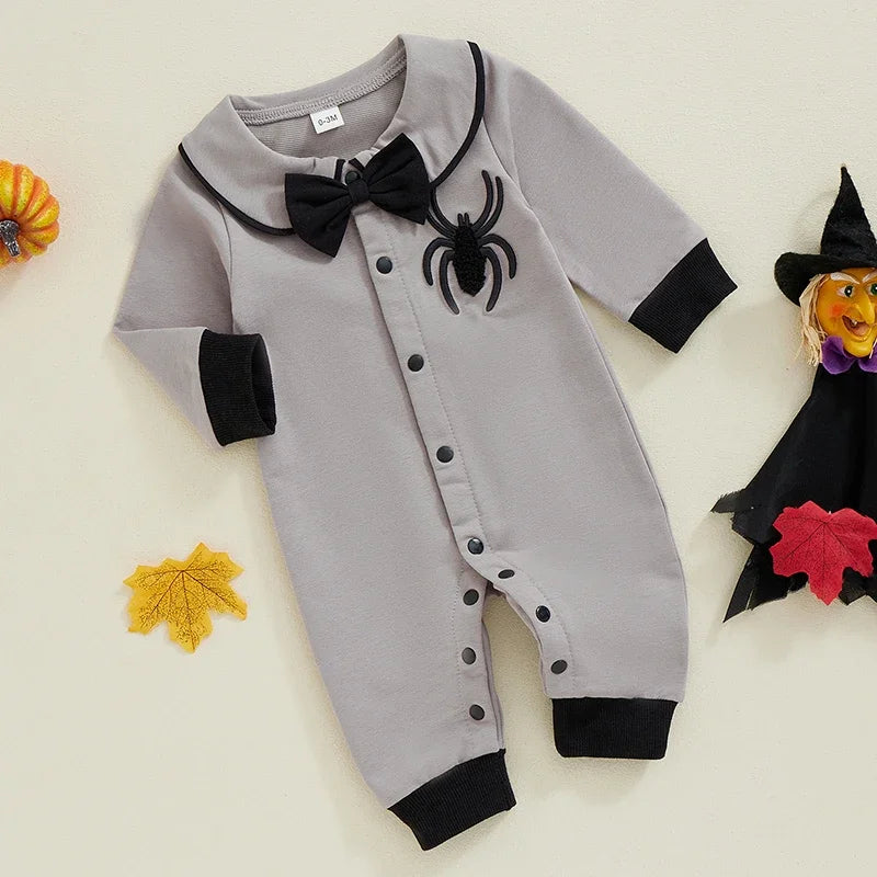 Baby Boy Halloween Romper Spider Embroidered Bow Tie Long Sleeve Lapel Neck Button-up Fall Jumpsuits Costume