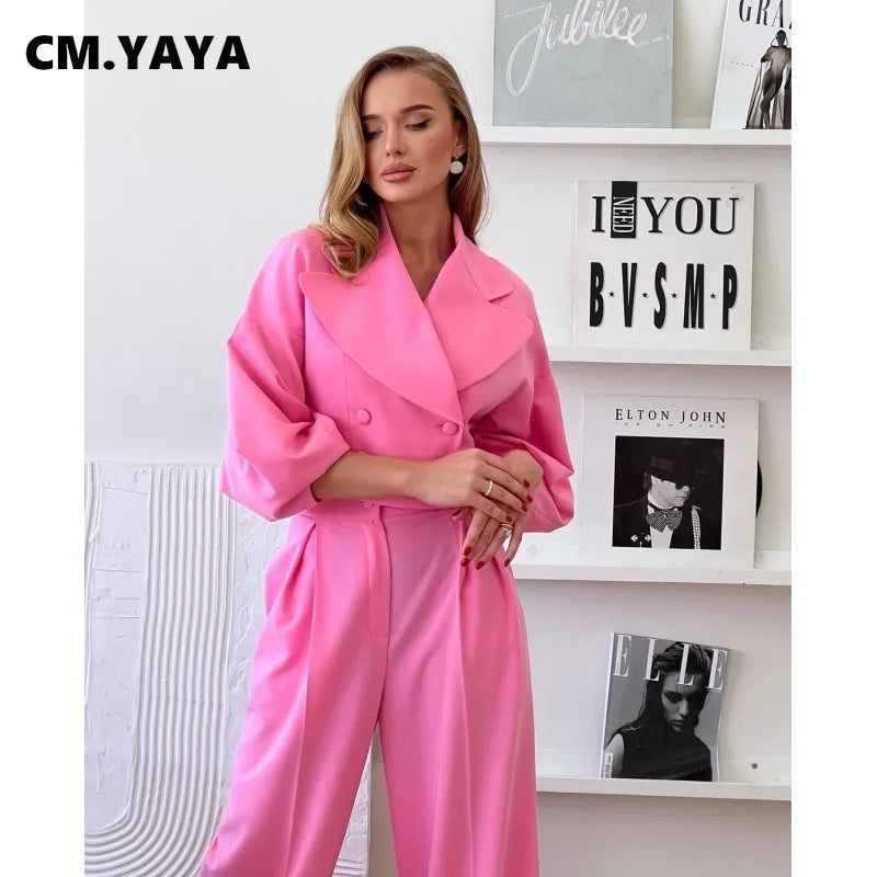 CM.YAYA Fashion Women's Set Long Sleeve Slim Blazer and Wide Leg Pants 2024 Fall OL Workout Two 2 Piece Sets Outfit Tracksuit