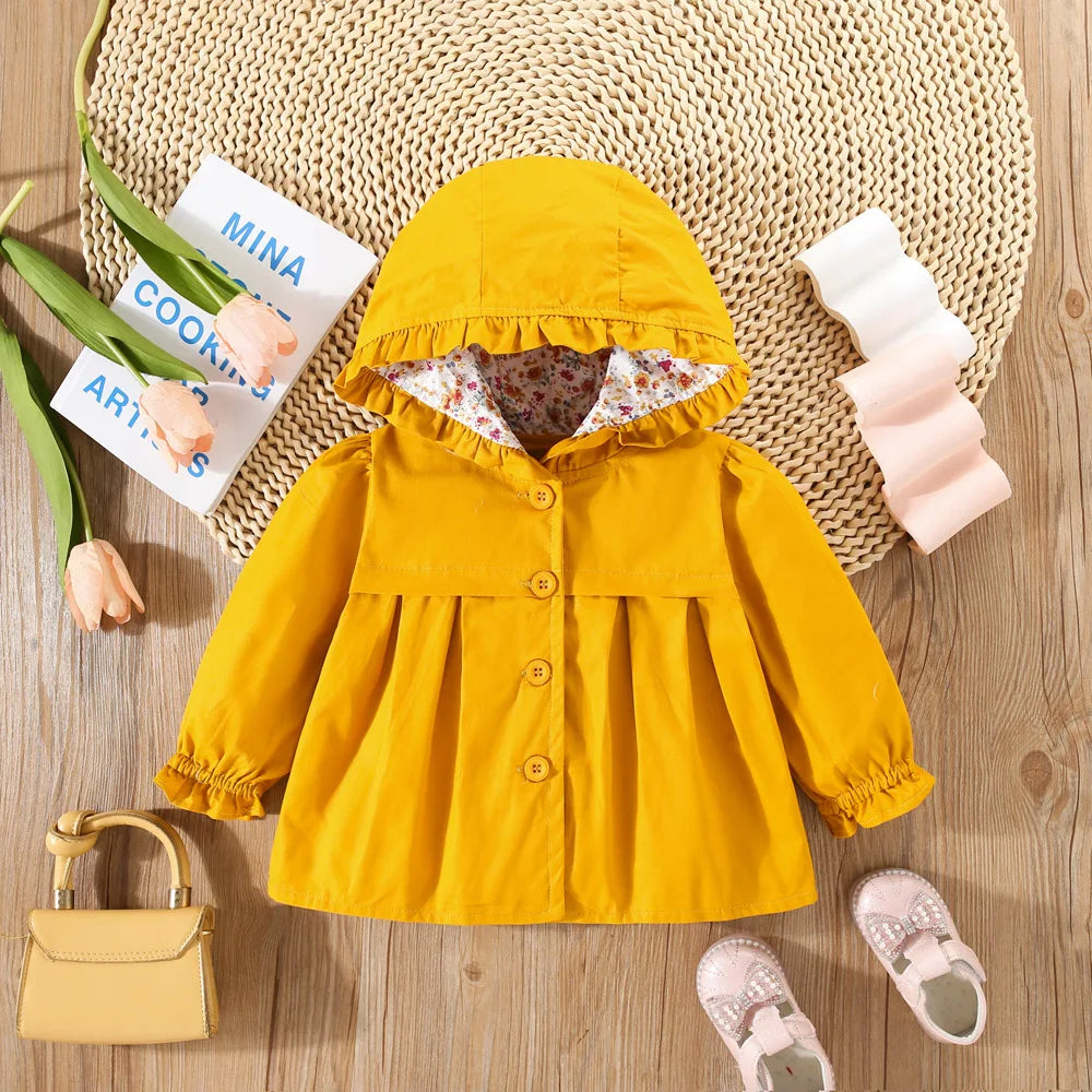 Baby Girl Jacket Spring And Autumn Cotton Solid Color Hooded Floral Long Sleeved Baby Tops Simple And Cute Baby Girl Clothing