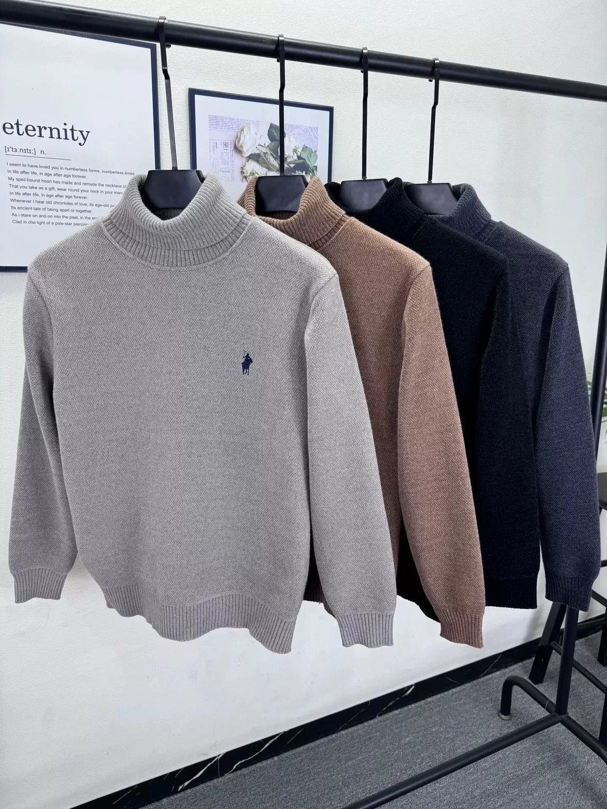 High end brand velvet sweater men's new fashion designer exquisite pony embroidery winter thick warm high neck knitted pullover