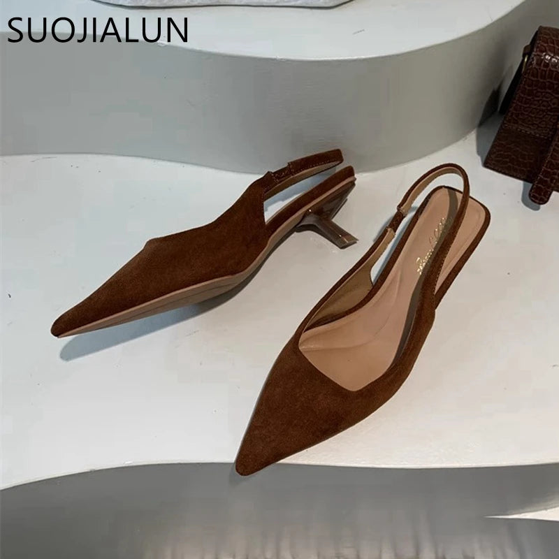 SUOJIALUN 2024 Autumn Women Sandal Shoes Fashion Pointed Toe Shallow Slip On Slingback Sandal Thin Med Heel Ladies Elegant Pumps