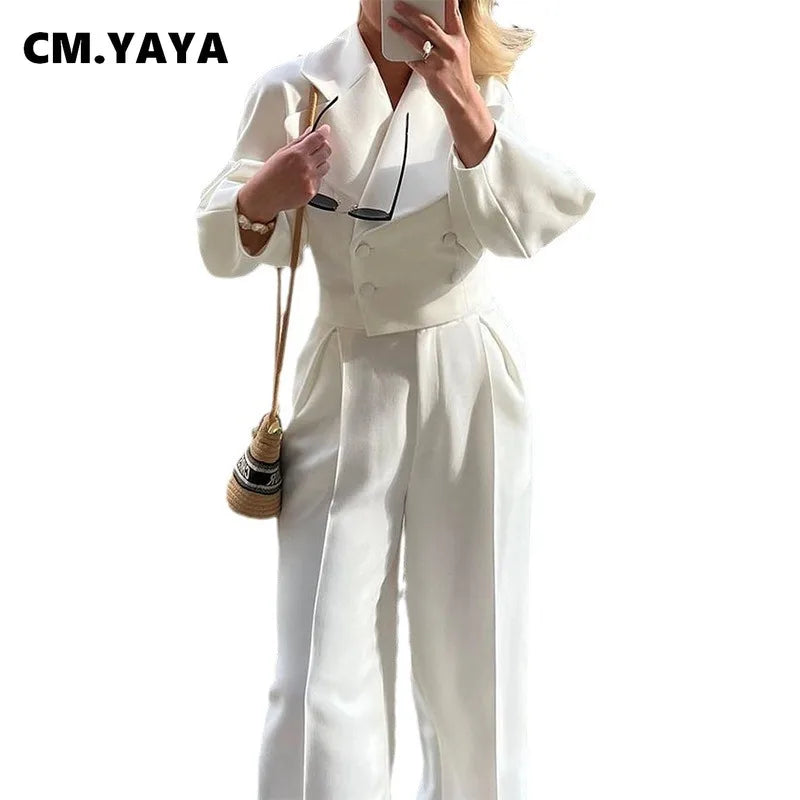 CM.YAYA Fashion Women's Set Long Sleeve Slim Blazer and Wide Leg Pants 2024 Fall OL Workout Two 2 Piece Sets Outfit Tracksuit