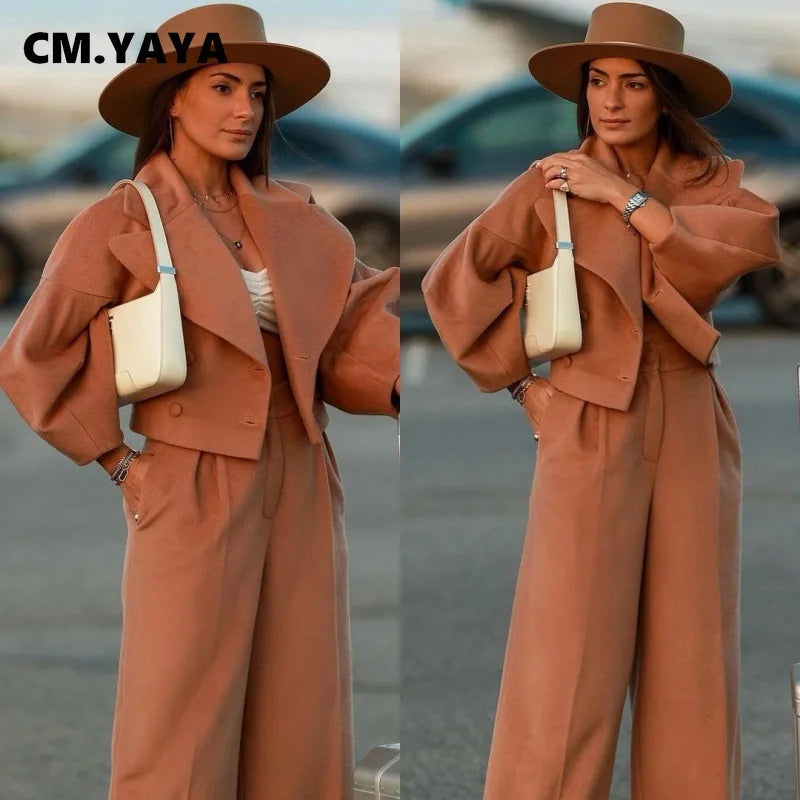 CM.YAYA Fashion Women's Set Long Sleeve Slim Blazer and Wide Leg Pants 2024 Fall OL Workout Two 2 Piece Sets Outfit Tracksuit