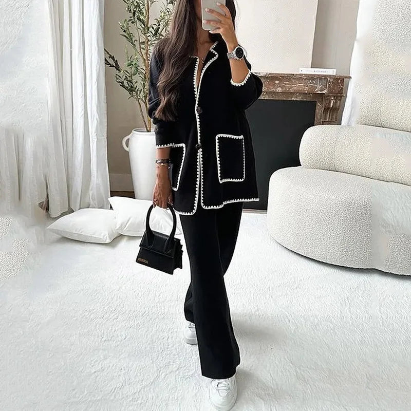 Casual Loose Pocket Coats Pants Two Piece Sets Women Fashion Contrasting Colors Tops Outfits Fall Winter Wide Leg Pants Suit
