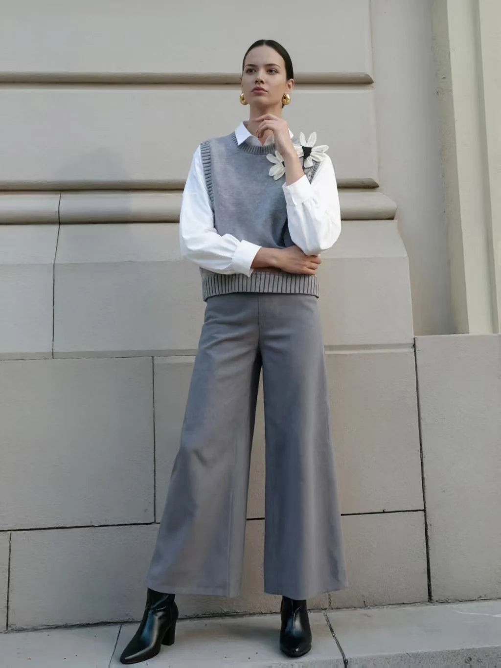 Fall Winter Elegant Knitwear 3pcs Women's Sweater Set Chic White Gray Black Cardigan with Bow Detail Casual Knit Wide Leg Pants