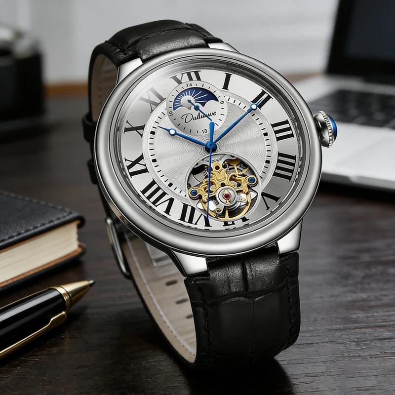 Rome Time Tourbillon Leather Mens Watches Top Brand Luxury Moon Phase Automatic Mechanical Watch Men Waterproof Montre Homme