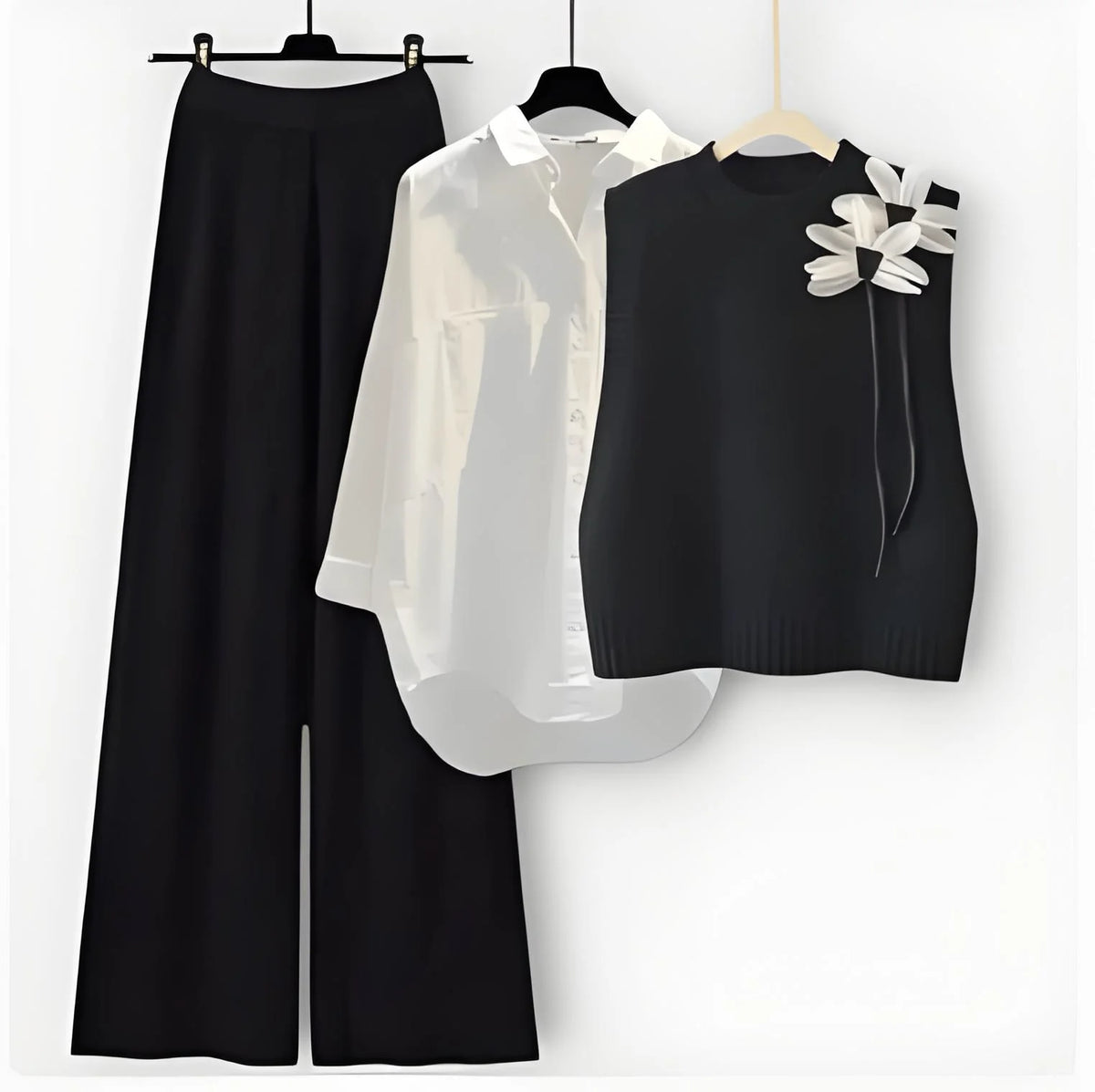 Fall Winter Elegant Knitwear 3pcs Women's Sweater Set Chic White Gray Black Cardigan with Bow Detail Casual Knit Wide Leg Pants