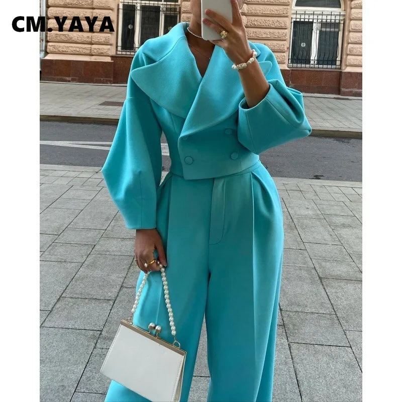 CM.YAYA Fashion Women's Set Long Sleeve Slim Blazer and Wide Leg Pants 2024 Fall OL Workout Two 2 Piece Sets Outfit Tracksuit