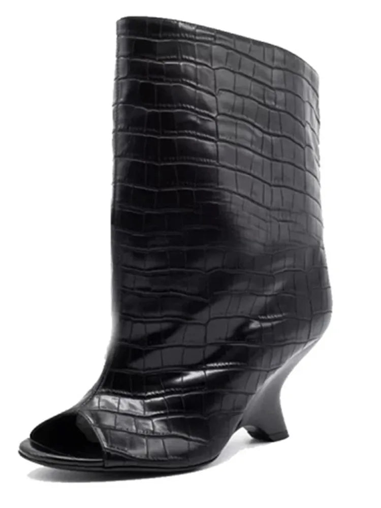 2026Women's Fish Mouth Thick High Heels Knee Length Cool Boots Slant Heel Fashion Show Large Size Spring/Summer Women's Boots