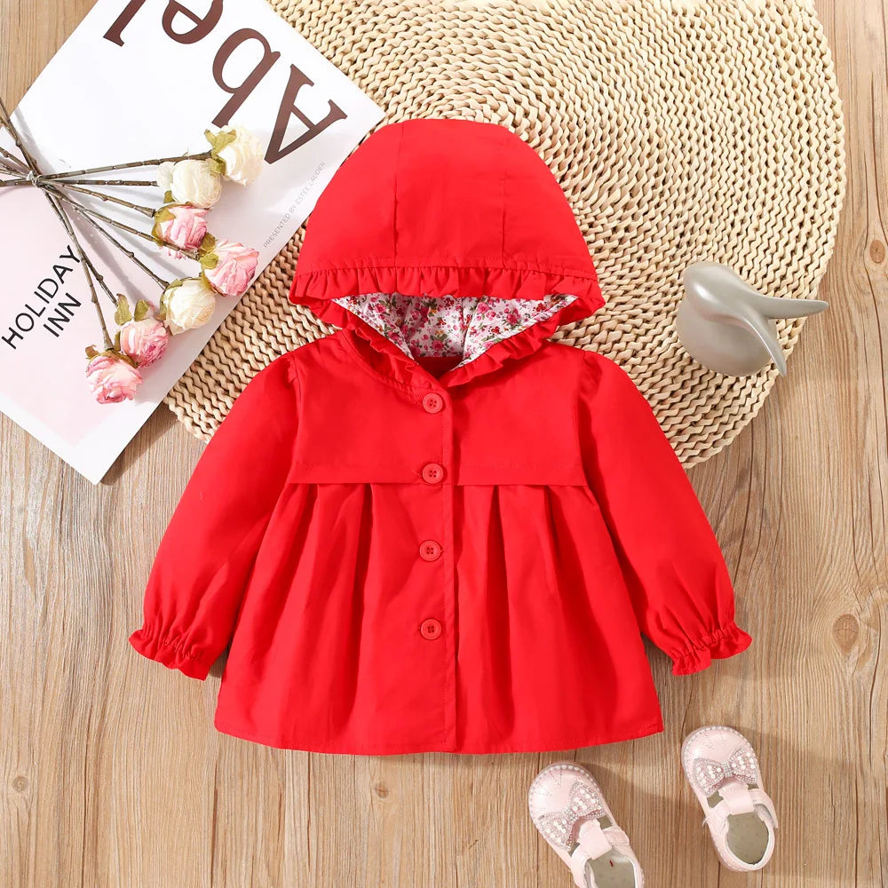 Baby Girl Jacket Spring And Autumn Cotton Solid Color Hooded Floral Long Sleeved Baby Tops Simple And Cute Baby Girl Clothing