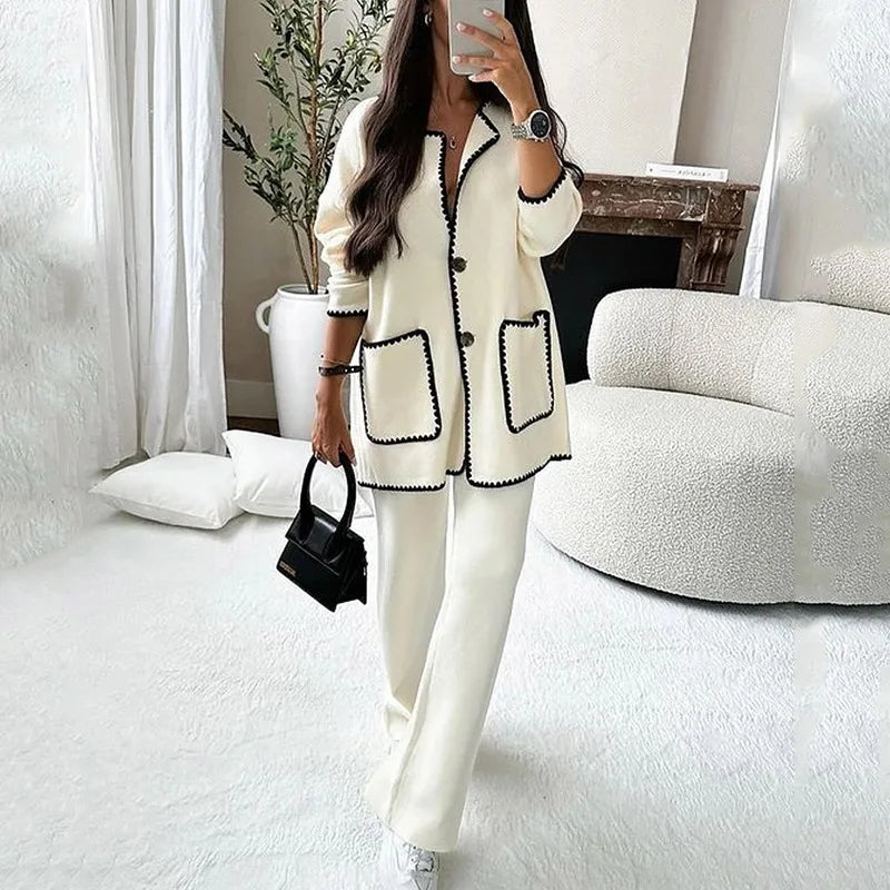Casual Loose Pocket Coats Pants Two Piece Sets Women Fashion Contrasting Colors Tops Outfits Fall Winter Wide Leg Pants Suit