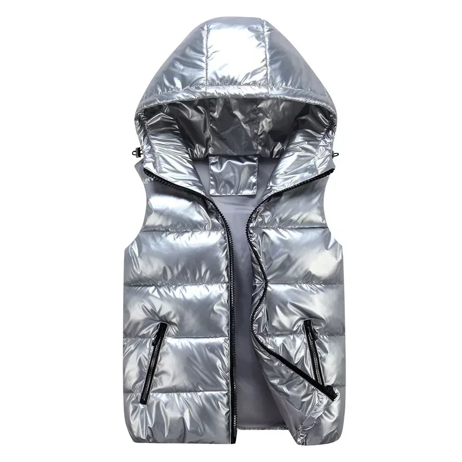 Men Winter Hooded Padded Vest Glossy Sleeveless Jacket Casual Outwear Thicken Warm Coat Waterproof Waistcoat Men Clothing 4XL