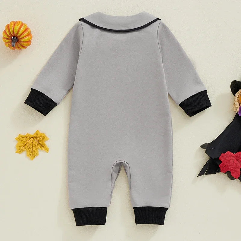 Baby Boy Halloween Romper Spider Embroidered Bow Tie Long Sleeve Lapel Neck Button-up Fall Jumpsuits Costume