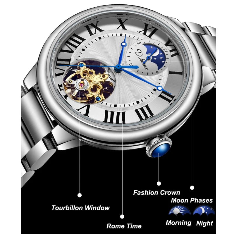 Rome Time Tourbillon Leather Mens Watches Top Brand Luxury Moon Phase Automatic Mechanical Watch Men Waterproof Montre Homme