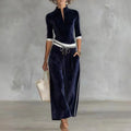 Fall Winter Solid Velvet Clothes Woman Turtleneck Zipper Top Cardigan & Wide Leg Pants Set Retro Contrast Sportswear Suit Outfit
