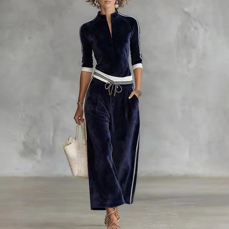 Fall Winter Solid Velvet Clothes Woman Turtleneck Zipper Top Cardigan & Wide Leg Pants Set Retro Contrast Sportswear Suit Outfit