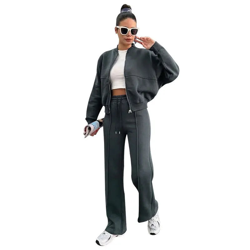 2025 Autumn And Winter Long Sleeves Solid Color Zipper Jacket Wide-leg Trousers Loose Office Commuting Women's Fall Outfit Set