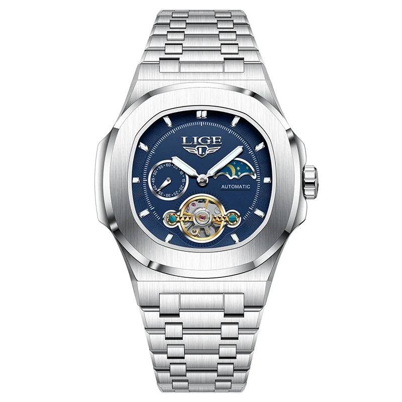 LIGE Top Brand Luxury Men Mechanical Watches Square Automatic Watch For Men Waterproof Stainless Steel Clock Gift Montre Homme