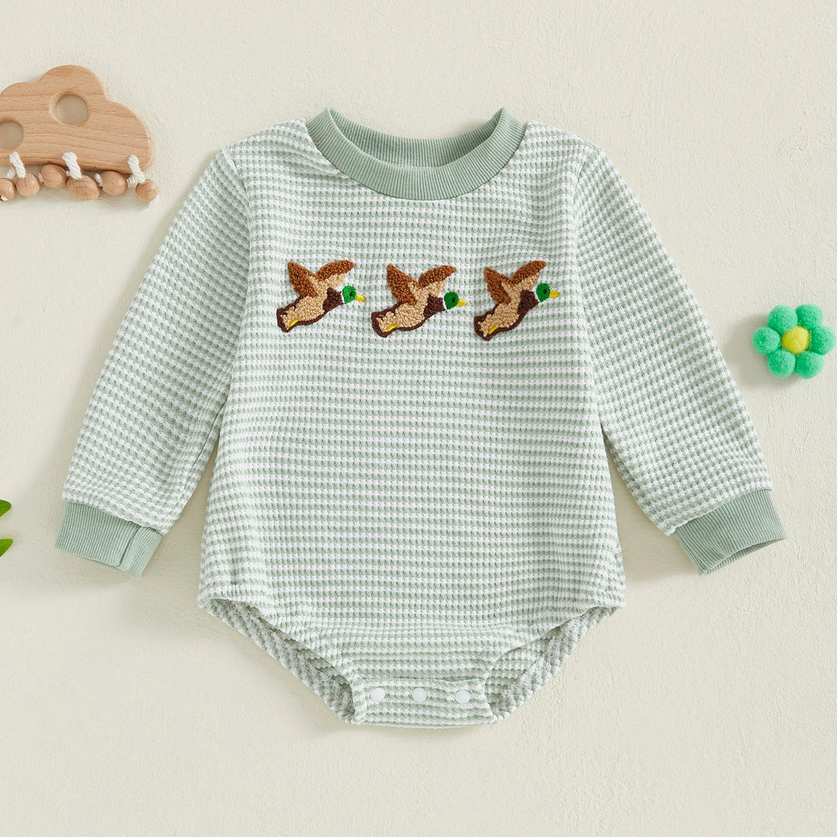 Baby Boy Romper Long Sleeve Round Neck Duck Embroidery Bodysuit Newborn Fall Playsuit