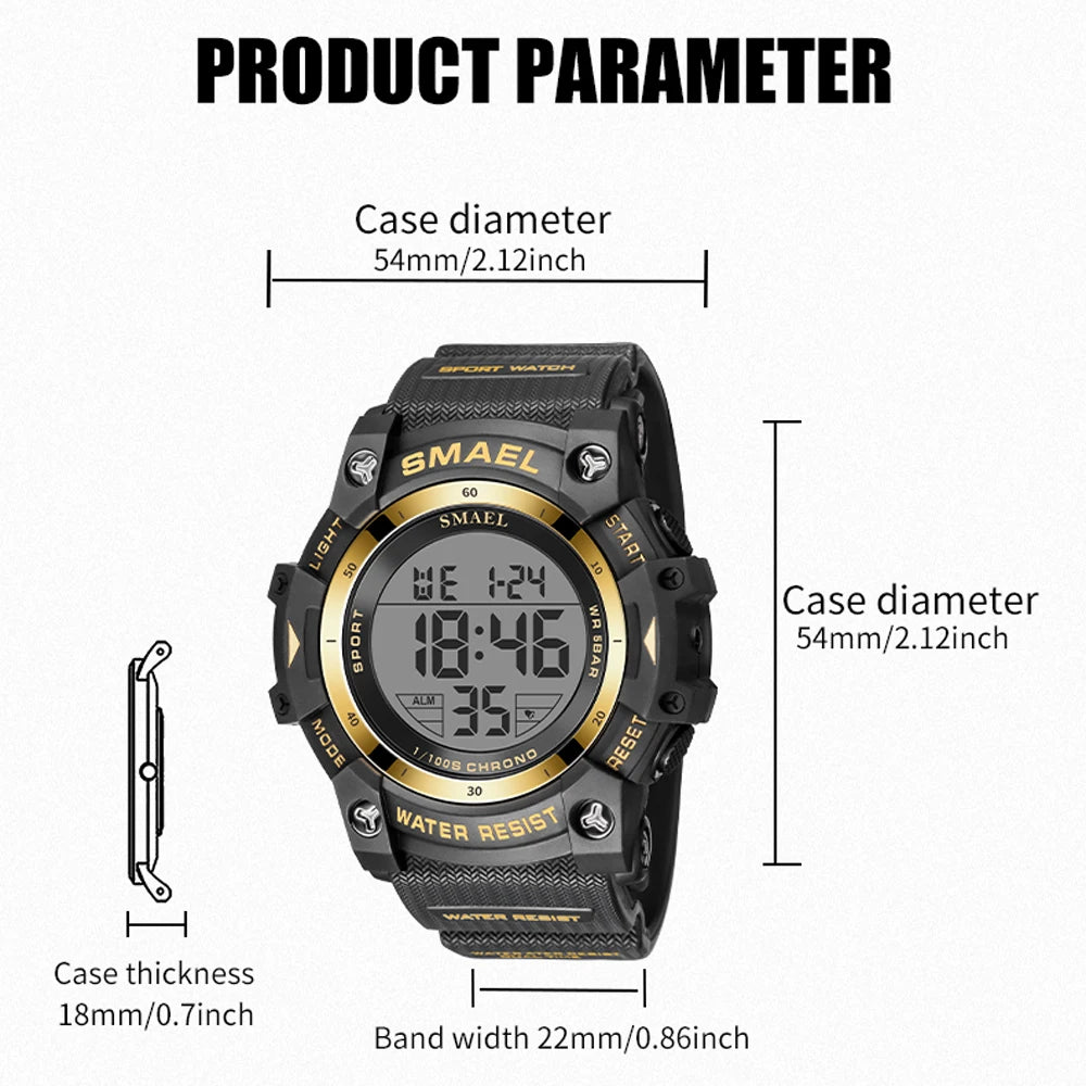 SMAEL Digital Sports Watch for Men LED Display Waterproof Digital Light Stopwatch Multifunctional Casual Outdoor Wristwatch