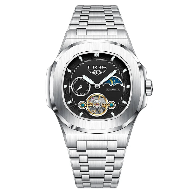 LIGE Top Brand Luxury Men Mechanical Watches Square Automatic Watch For Men Waterproof Stainless Steel Clock Gift Montre Homme