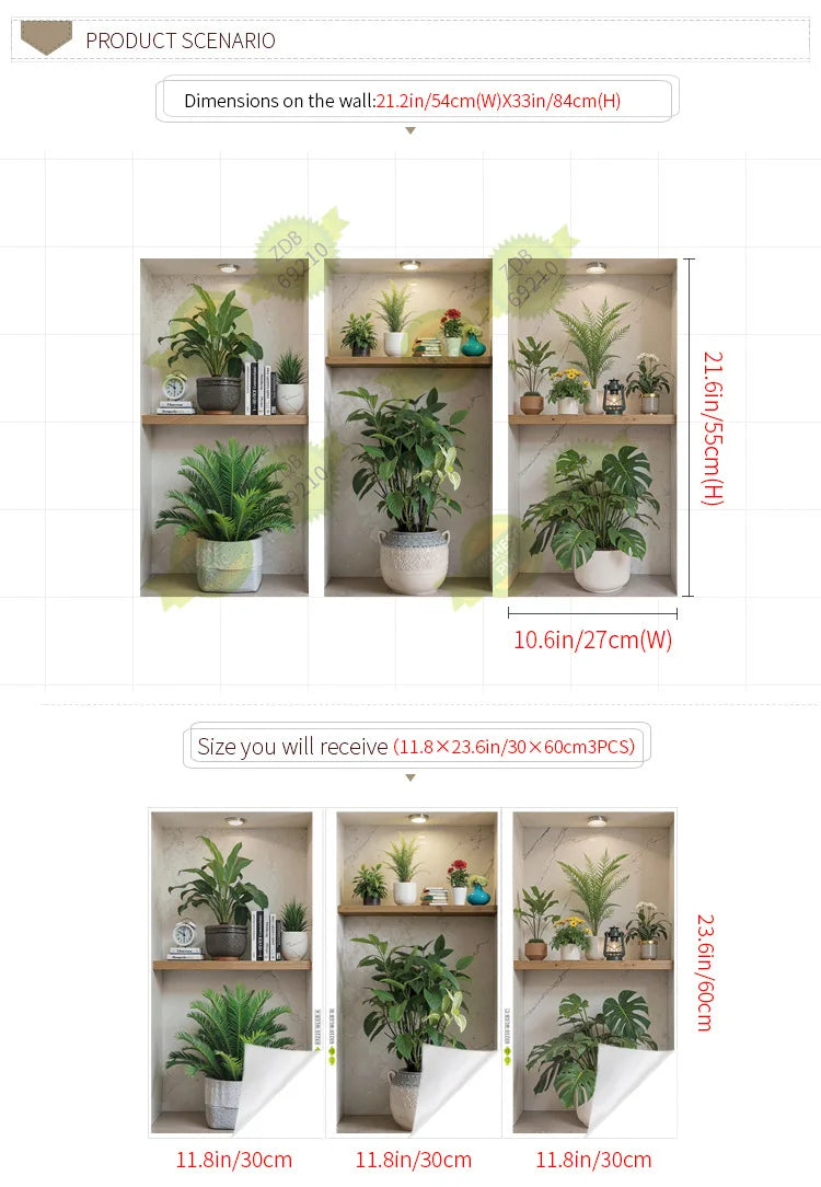 3pcs/set Simulated Archway Niche Potted Plant Painting Stairway Entrance Hall Wall Stickers Peel & Stick Art Mural Wall Decals
