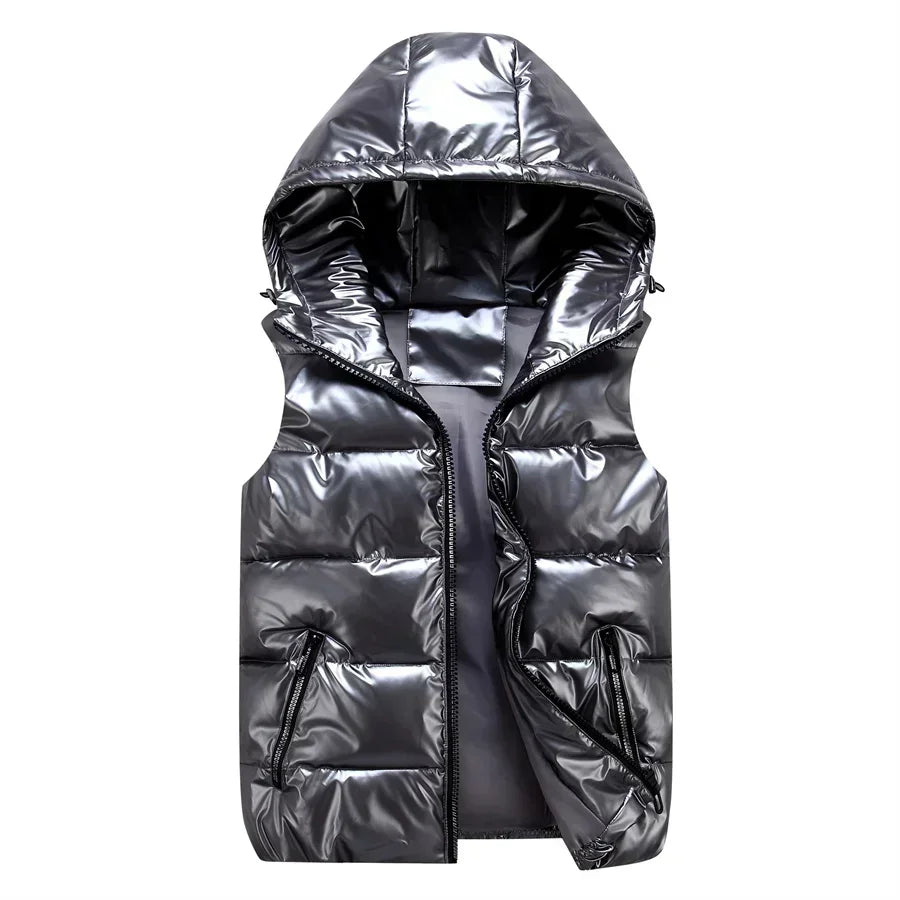 Men Winter Hooded Padded Vest Glossy Sleeveless Jacket Casual Outwear Thicken Warm Coat Waterproof Waistcoat Men Clothing 4XL