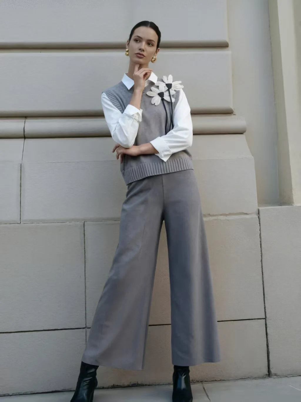 Fall Winter Elegant Knitwear 3pcs Women's Sweater Set Chic White Gray Black Cardigan with Bow Detail Casual Knit Wide Leg Pants
