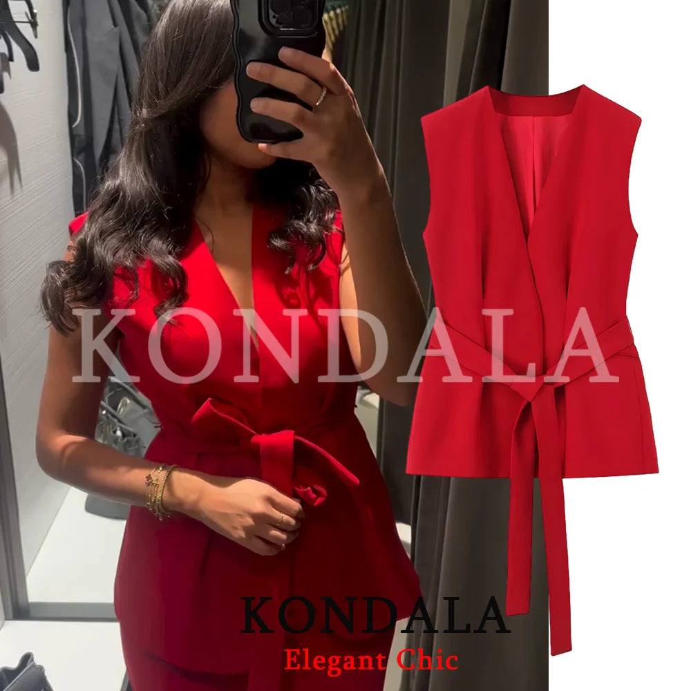 KONDALA Women Trendy Red Vest Set V-Neck Belted Vest Flare Pants New 2026 Spring Fall Elegant High Street Fashion Female Set