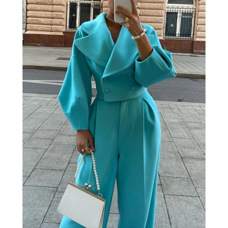 CM.YAYA Fashion Women's Set Long Sleeve Slim Blazer and Wide Leg Pants 2024 Fall OL Workout Two 2 Piece Sets Outfit Tracksuit
