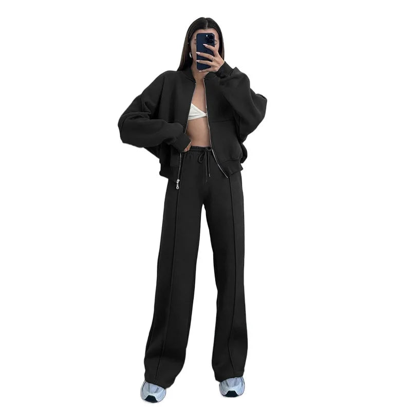 2025 Autumn And Winter Long Sleeves Solid Color Zipper Jacket Wide-leg Trousers Loose Office Commuting Women's Fall Outfit Set