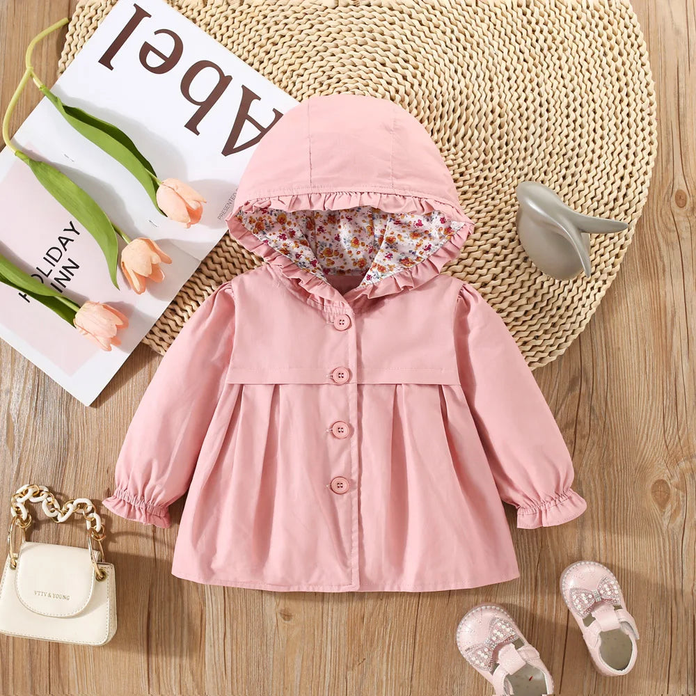 Baby Girl Jacket Spring And Autumn Cotton Solid Color Hooded Floral Long Sleeved Baby Tops Simple And Cute Baby Girl Clothing