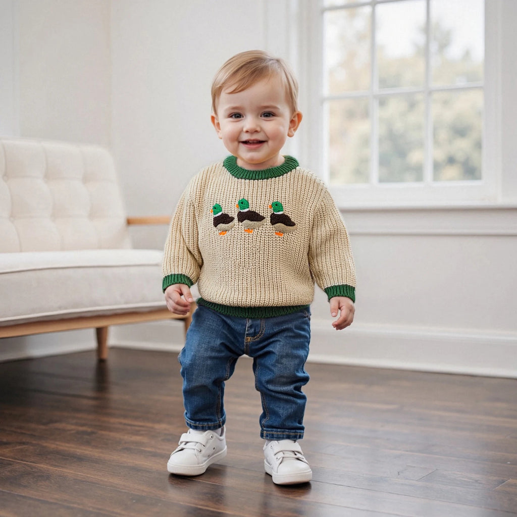Toddler Boy Girl Fall Sweaters Long Sleeve Round Neck Duck Embroidery Tops Toddler Sweatshirts
