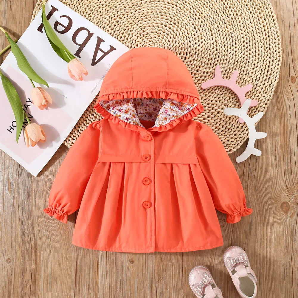 Baby Girl Jacket Spring And Autumn Cotton Solid Color Hooded Floral Long Sleeved Baby Tops Simple And Cute Baby Girl Clothing
