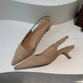 SUOJIALUN 2024 Autumn Women Sandal Shoes Fashion Pointed Toe Shallow Slip On Slingback Sandal Thin Med Heel Ladies Elegant Pumps